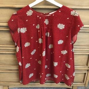 ModCloth Red Floral Pleated Detail Blouse